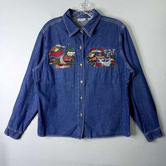Cabin Creek Autumn Fall Harvest Pumpkin Embroidered Denim Button Up Shirt Sz PL - Picture 1 of 10